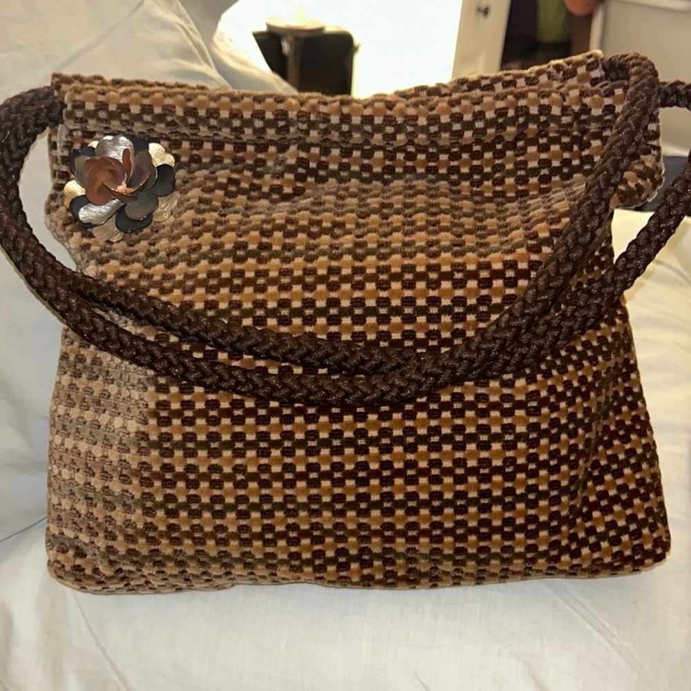 Vintage Mister Ernest Velvety Woven Fabric Shoulder Bag with metal brooch